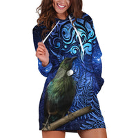 New Zealand Tui Bird Matariki Hoodie Dress Maori New Year with Galaxy Fern LT03 Blue - Polynesian Pride