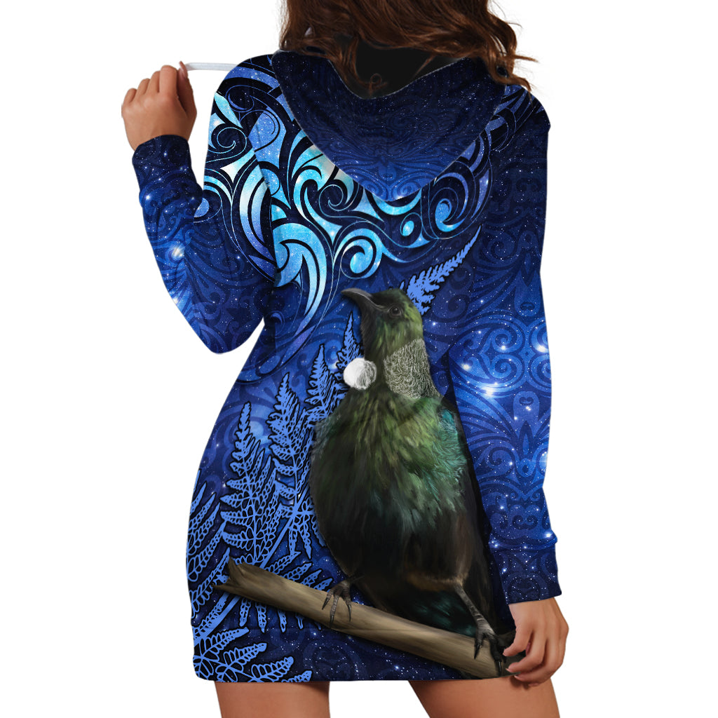 New Zealand Tui Bird Matariki Hoodie Dress Maori New Year with Galaxy Fern LT03 - Polynesian Pride