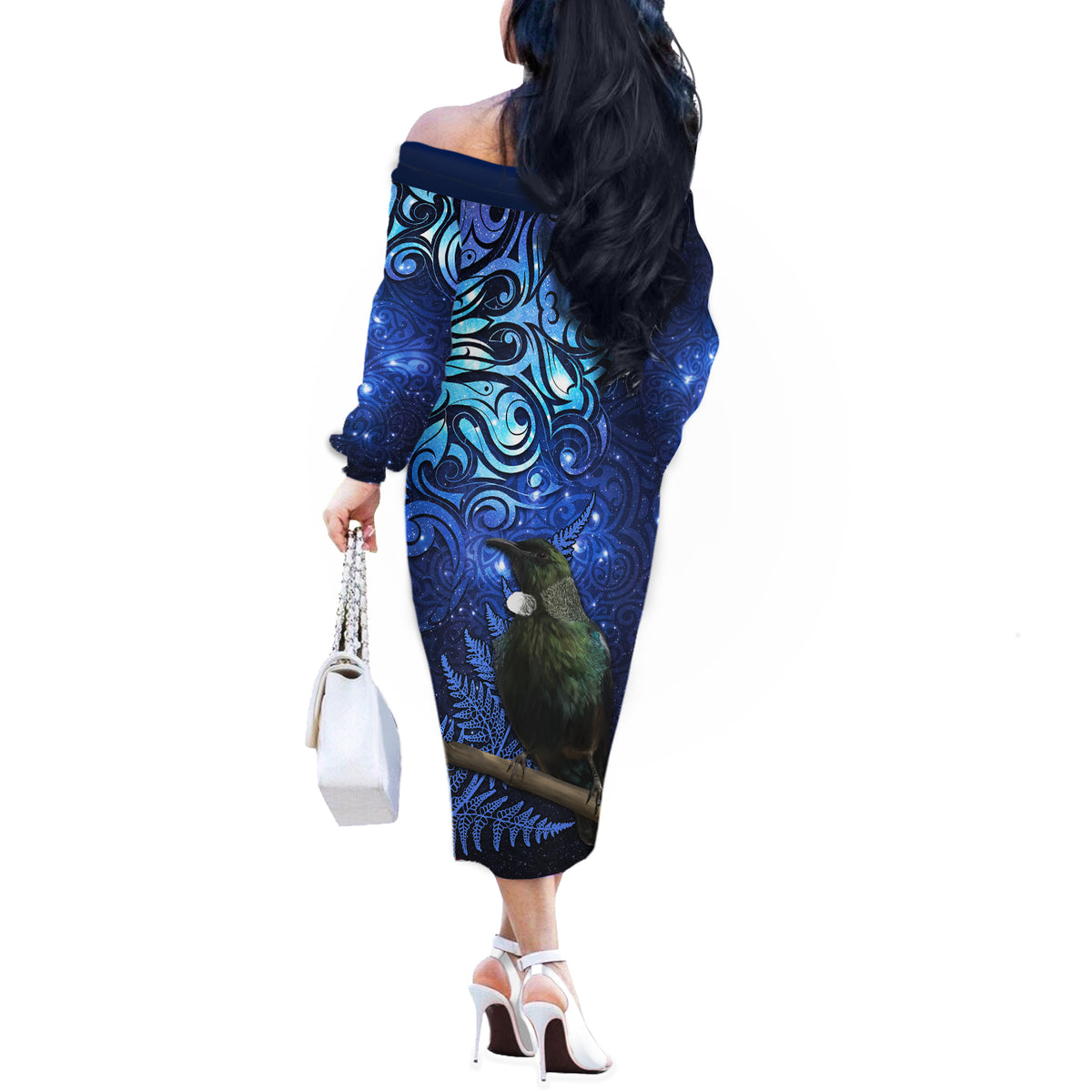 New Zealand Tui Bird Matariki Off The Shoulder Long Sleeve Dress Maori New Year with Galaxy Fern LT03 - Polynesian Pride