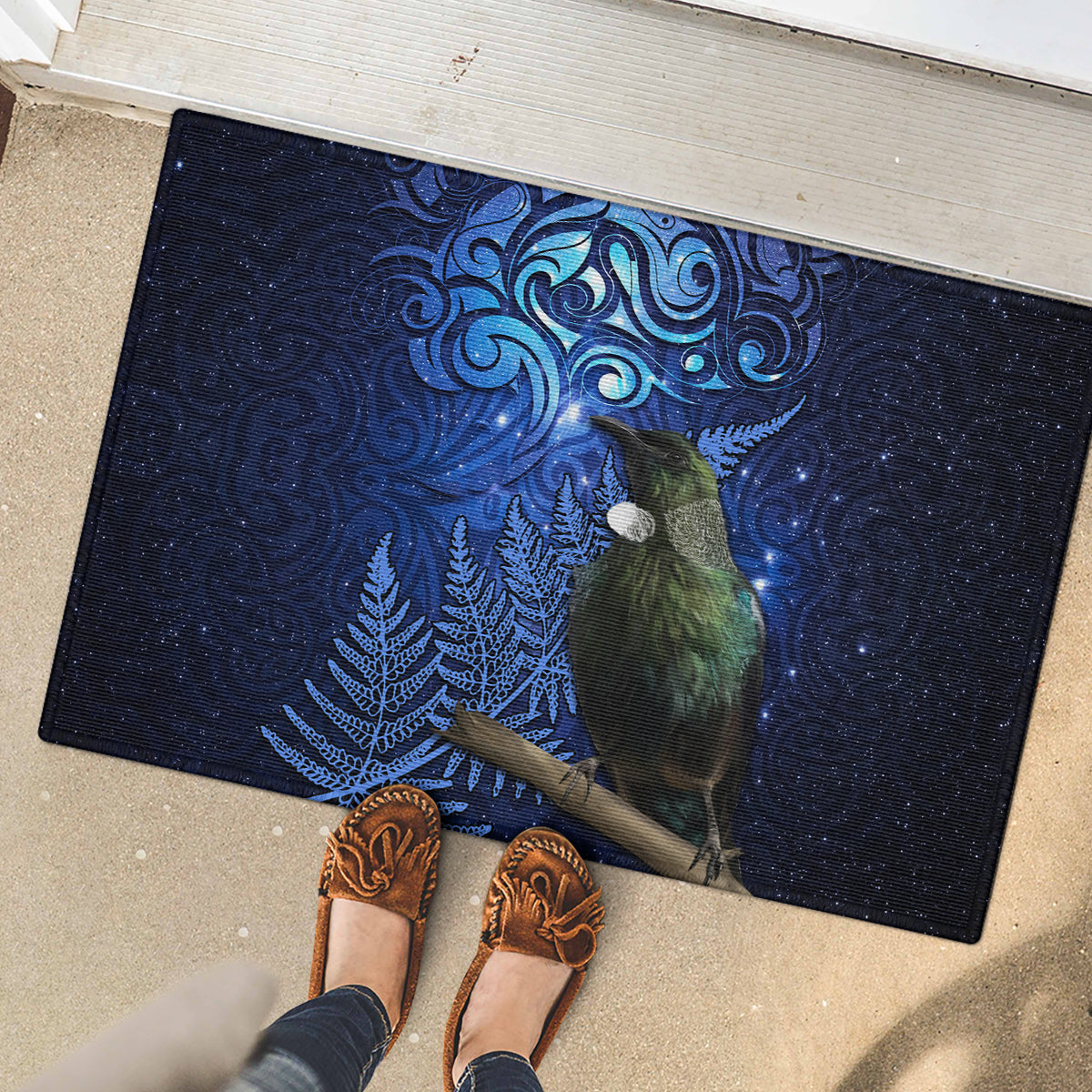 New Zealand Tui Bird Matariki Rubber Doormat Maori New Year with Galaxy Fern