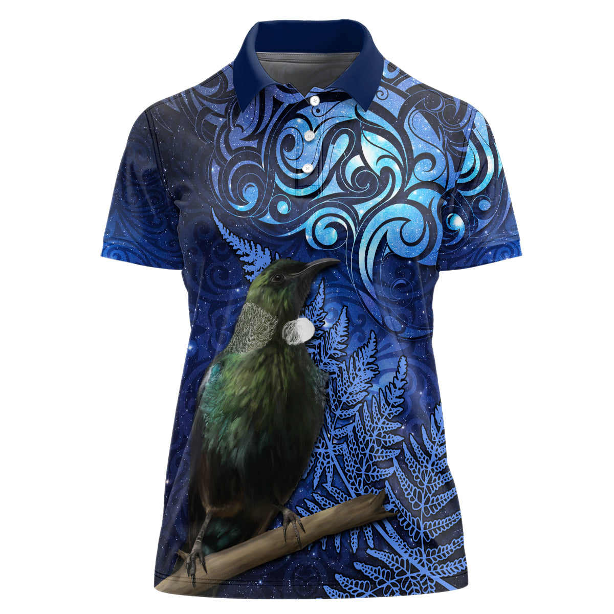 New Zealand Tui Bird Matariki Women Polo Shirt Maori New Year with Galaxy Fern