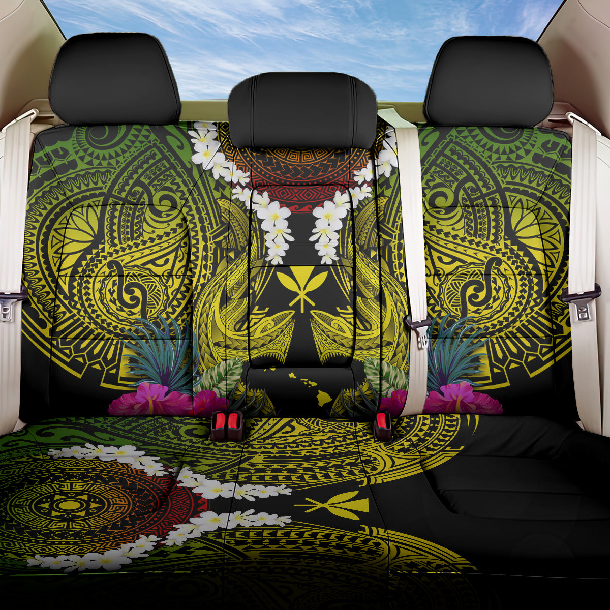 Hawaii Kanaka Maoli Back Car Seat Cover Double Shark and Hibiscus Flowers LT03