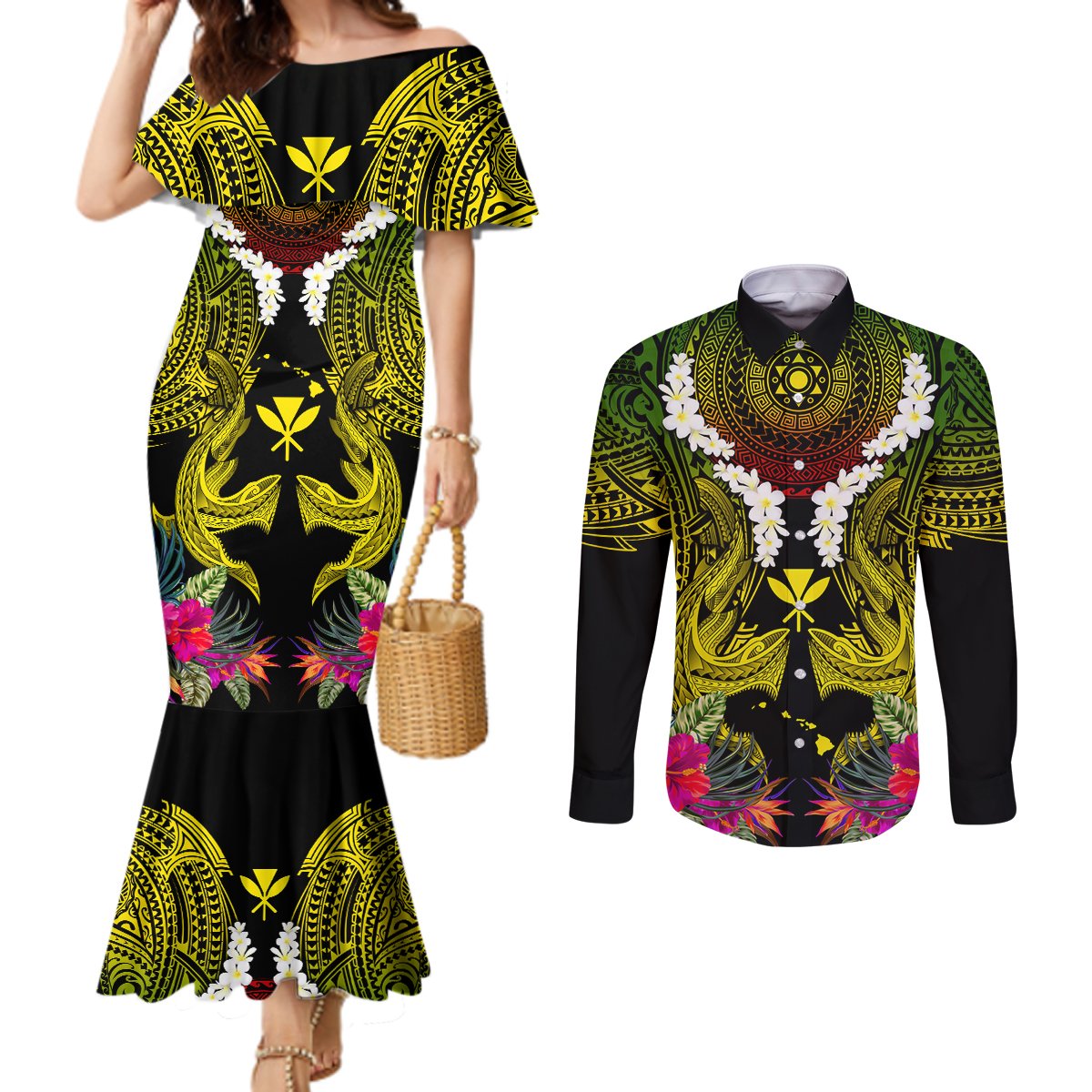 Hawaii Kanaka Maoli Couples Matching Mermaid Dress and Long Sleeve Button Shirt Double Shark and Hibiscus Flowers