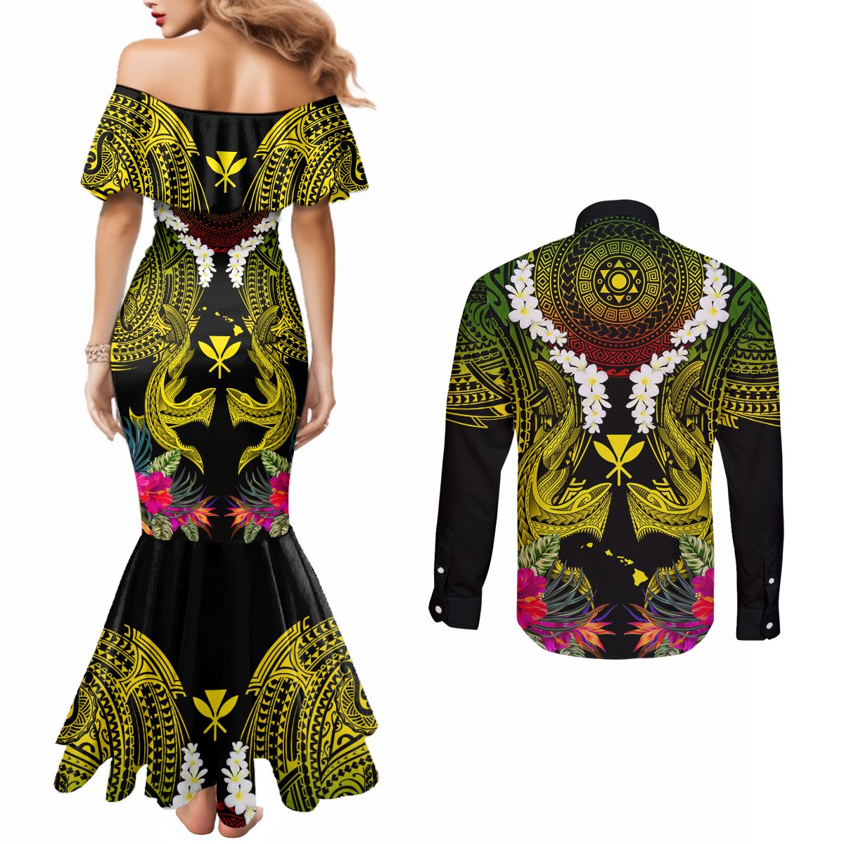 Hawaii Kanaka Maoli Couples Matching Mermaid Dress and Long Sleeve Button Shirt Double Shark and Hibiscus Flowers