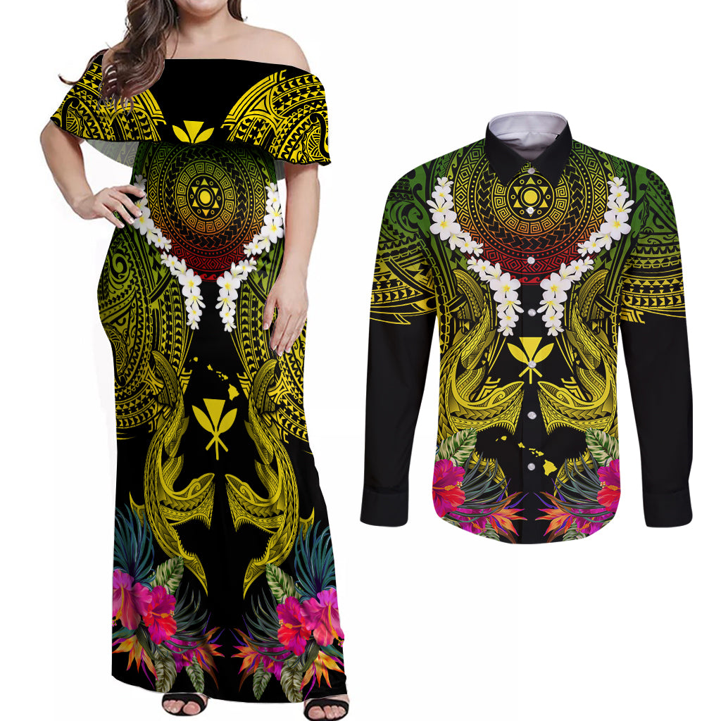 Hawaii Kanaka Maoli Couples Matching Off Shoulder Maxi Dress and Long Sleeve Button Shirt Double Shark and Hibiscus Flowers LT03 Black - Polynesian Pride