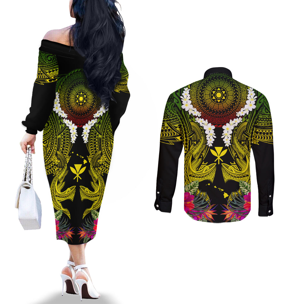 Hawaii Kanaka Maoli Couples Matching Off The Shoulder Long Sleeve Dress and Long Sleeve Button Shirt Double Shark and Hibiscus Flowers