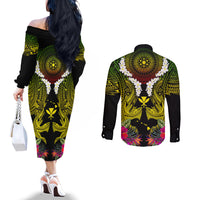 Hawaii Kanaka Maoli Couples Matching Off The Shoulder Long Sleeve Dress and Long Sleeve Button Shirt Double Shark and Hibiscus Flowers