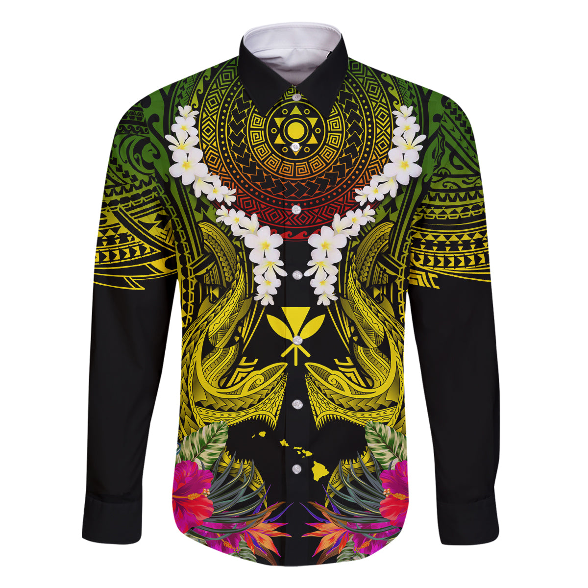 Hawaii Kanaka Maoli Family Matching Off The Shoulder Long Sleeve Dress and Hawaiian Shirt Double Shark and Hibiscus Flowers