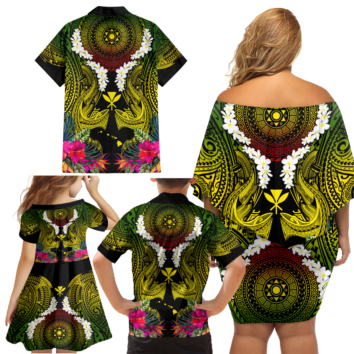 Hawaii Kanaka Maoli Family Matching Off Shoulder Short Dress and Hawaiian Shirt Double Shark and Hibiscus Flowers