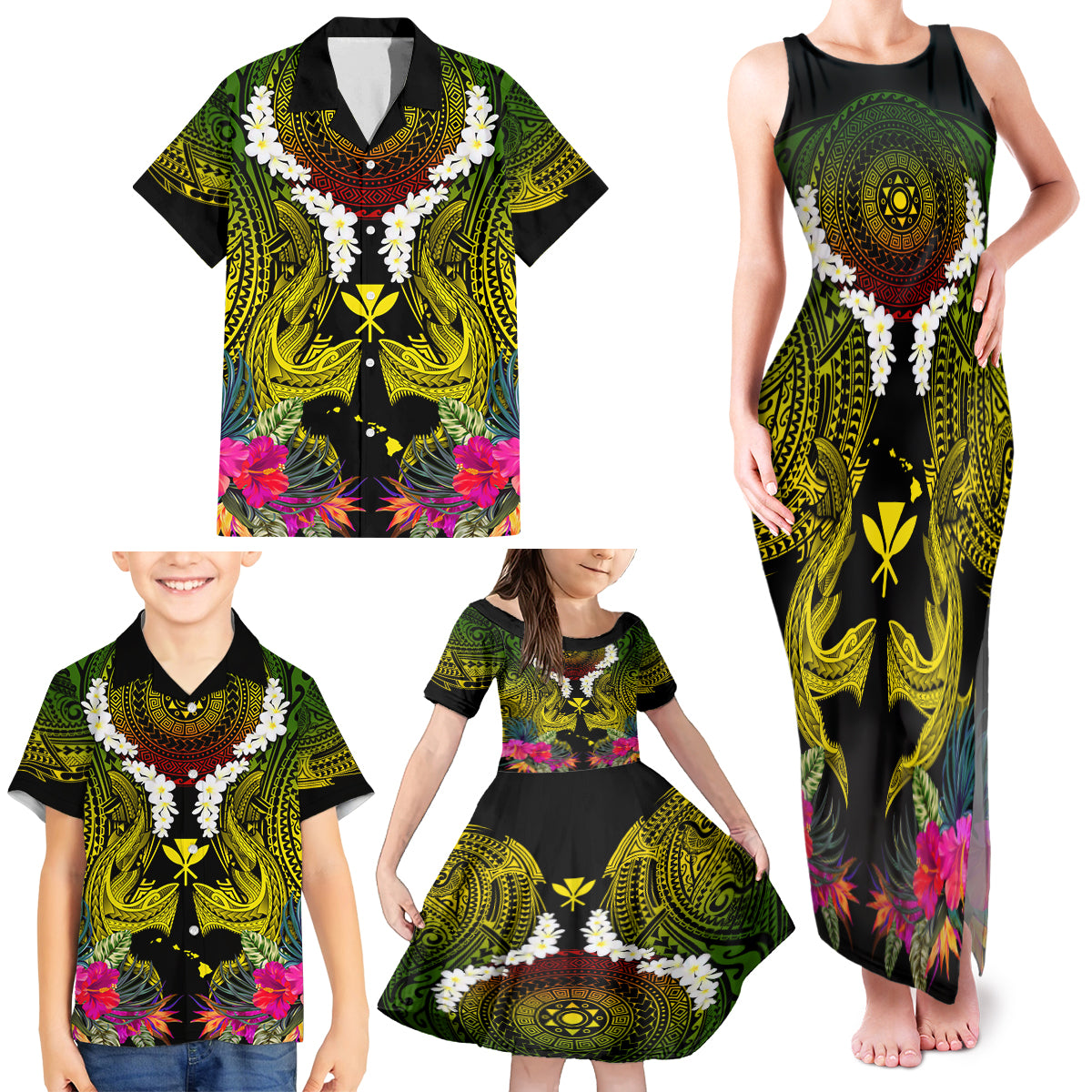 Hawaii Kanaka Maoli Family Matching Tank Maxi Dress and Hawaiian Shirt Double Shark and Hibiscus Flowers
