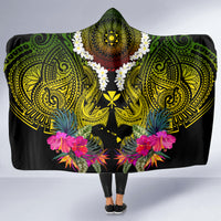 Hawaii Kanaka Maoli Hooded Blanket Double Shark and Hibiscus Flowers