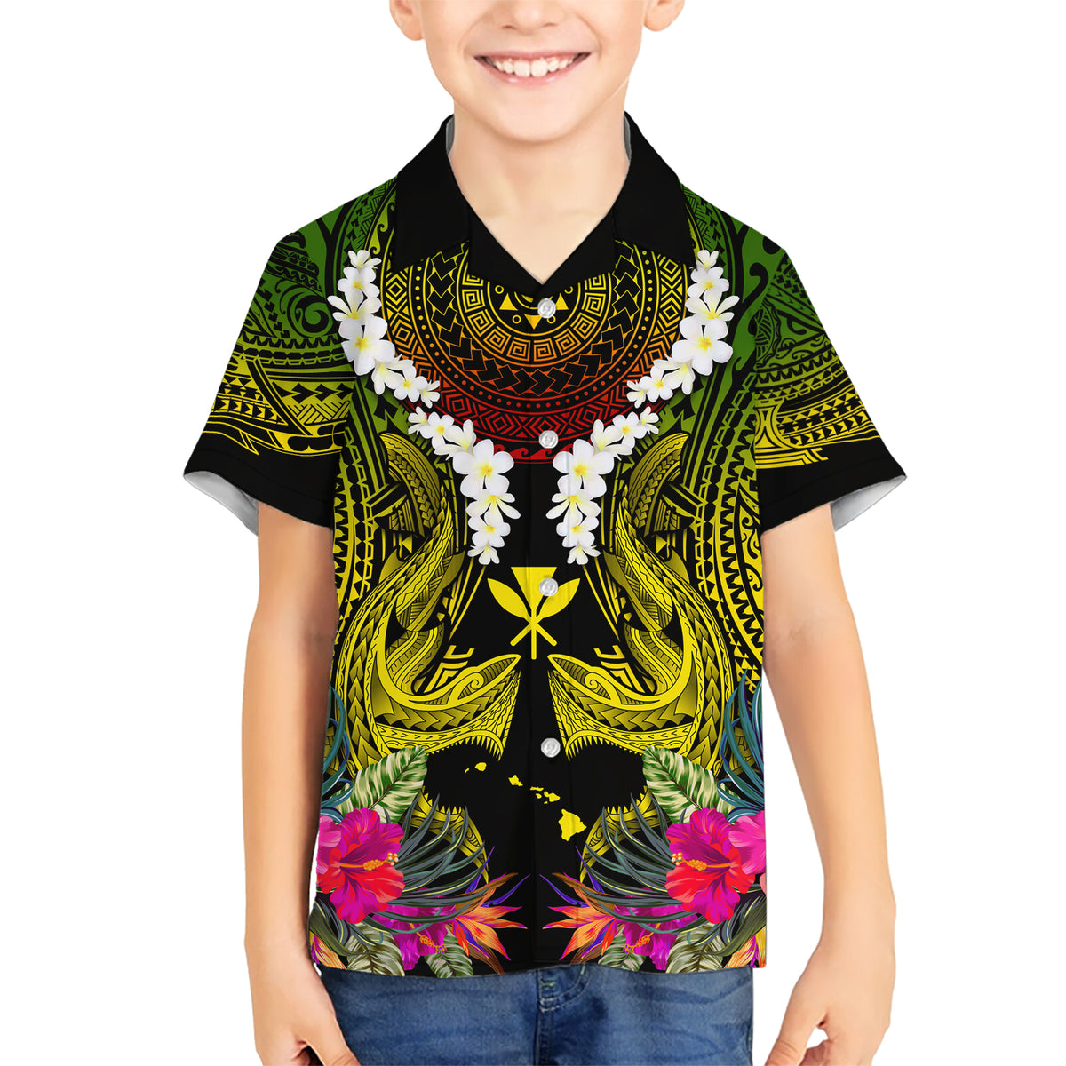 Hawaii Kanaka Maoli Kid Hawaiian Shirt Double Shark and Hibiscus Flowers LT03 Kid Black - Polynesian Pride