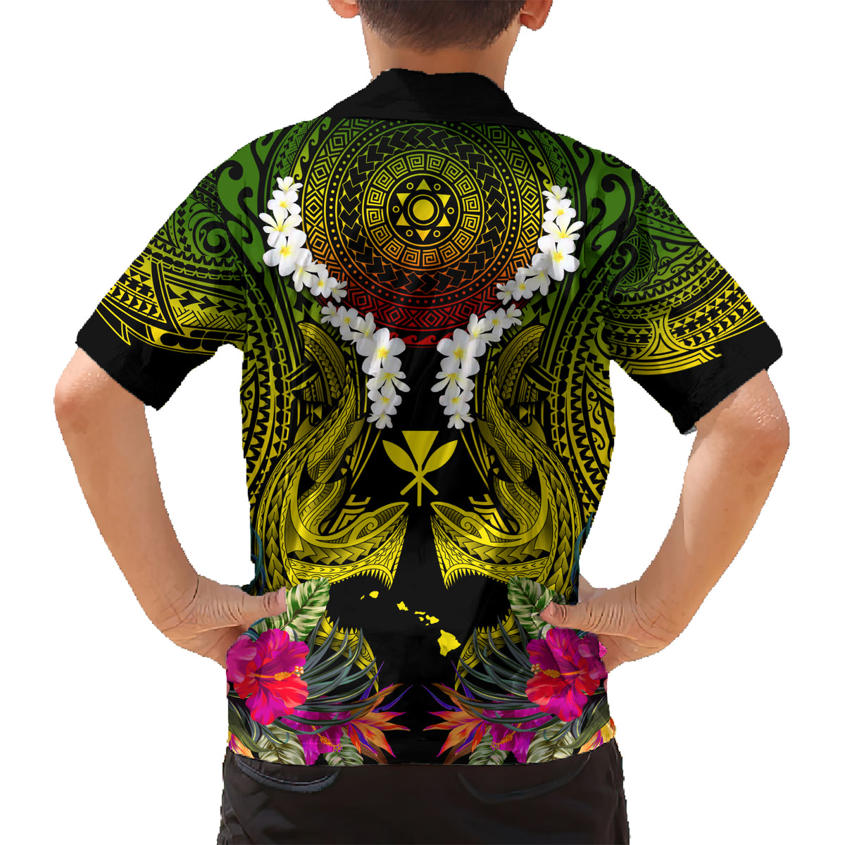 Hawaii Kanaka Maoli Kid Hawaiian Shirt Double Shark and Hibiscus Flowers LT03 - Polynesian Pride