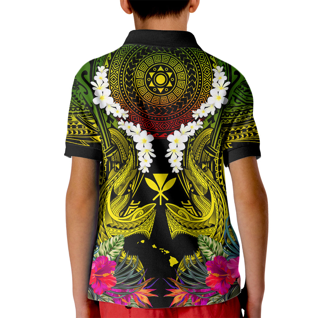Hawaii Kanaka Maoli Kid Polo Shirt Double Shark and Hibiscus Flowers