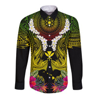 Hawaii Kanaka Maoli Long Sleeve Button Shirt Double Shark and Hibiscus Flowers