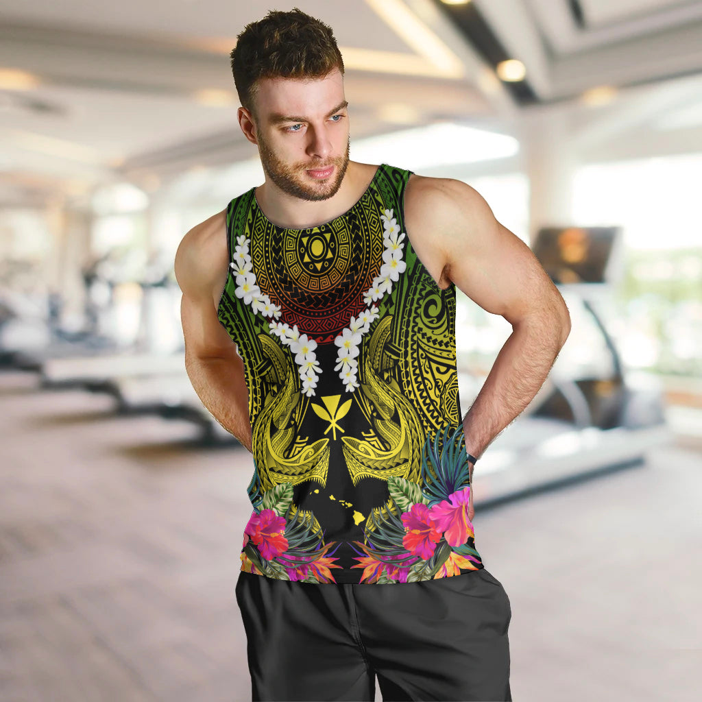 Hawaii Kanaka Maoli Men Tank Top Double Shark and Hibiscus Flowers LT03 Black - Polynesian Pride