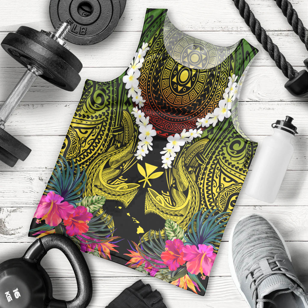 Hawaii Kanaka Maoli Men Tank Top Double Shark and Hibiscus Flowers LT03 - Polynesian Pride