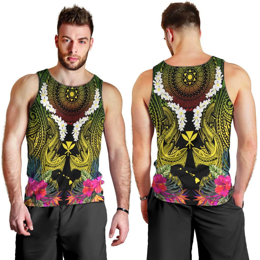 Hawaii Kanaka Maoli Men Tank Top Double Shark and Hibiscus Flowers LT03 - Polynesian Pride