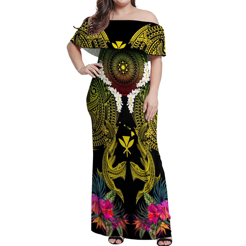Hawaii Kanaka Maoli Off Shoulder Maxi Dress Double Shark and Hibiscus Flowers