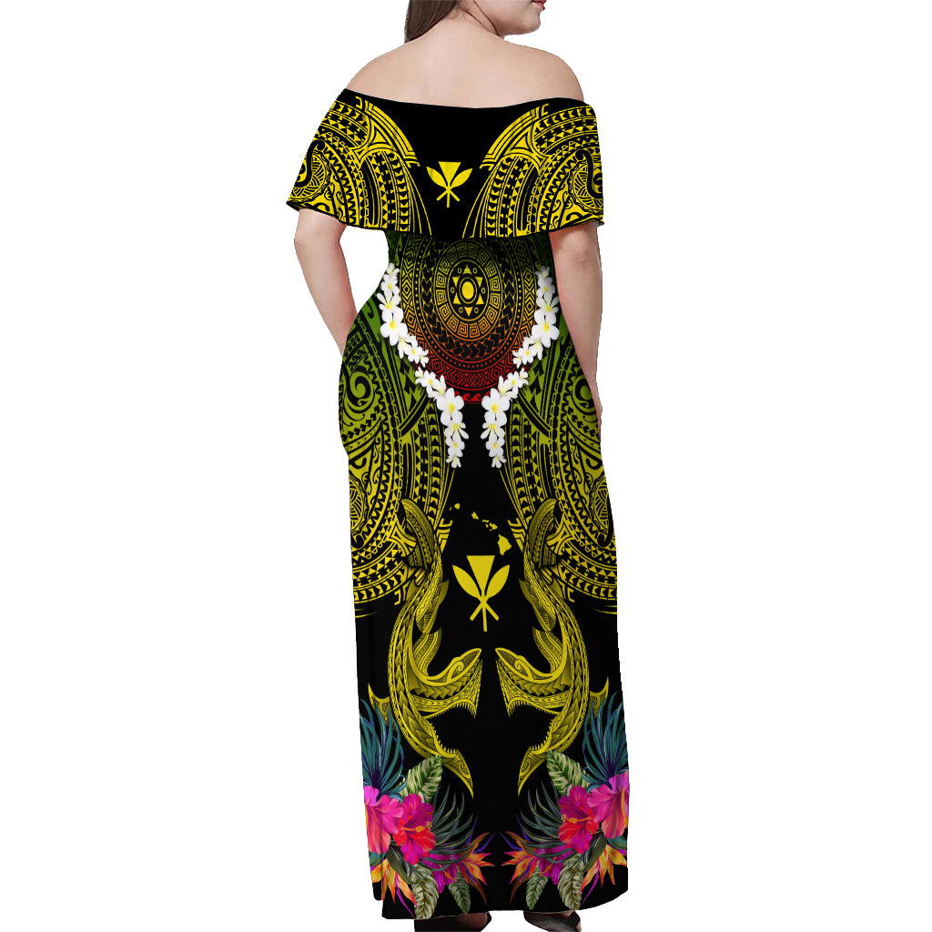 Hawaii Kanaka Maoli Off Shoulder Maxi Dress Double Shark and Hibiscus Flowers