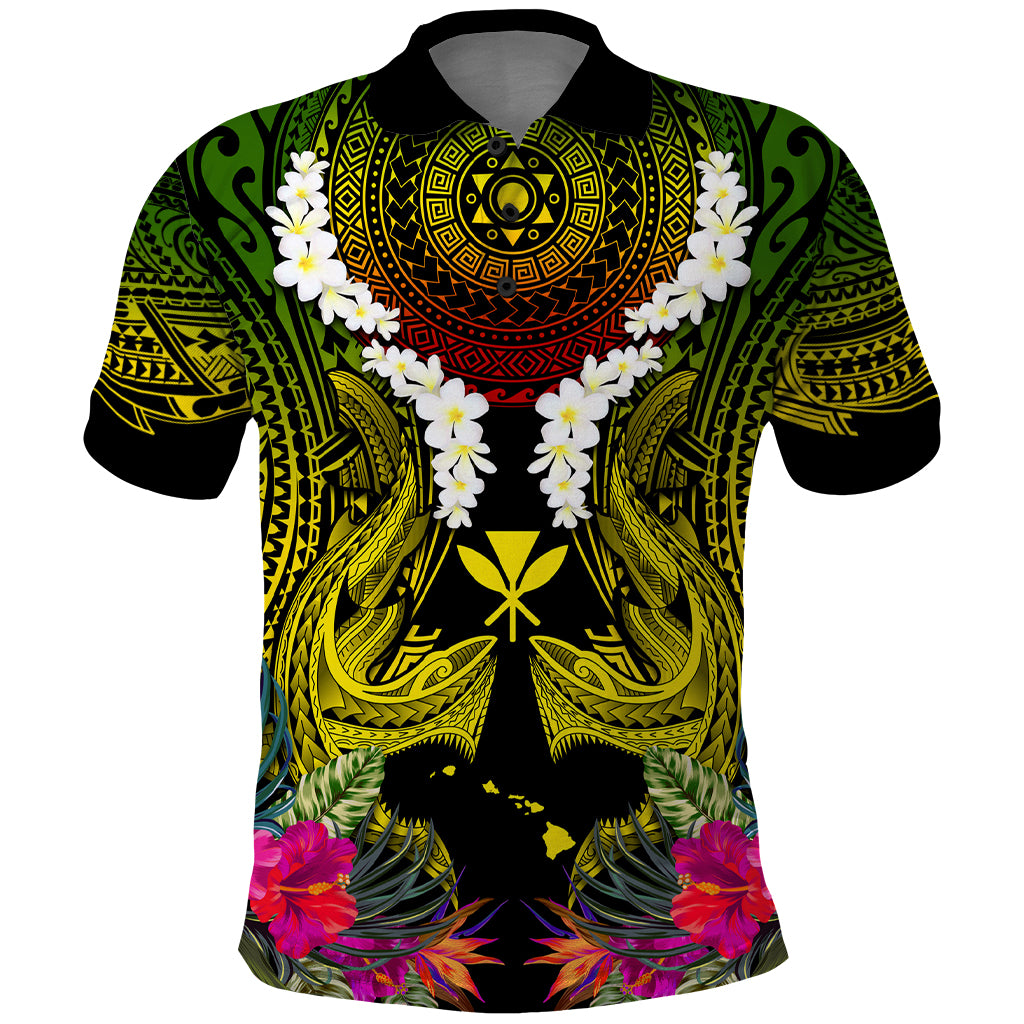 Hawaii Kanaka Maoli Polo Shirt Double Shark and Hibiscus Flowers