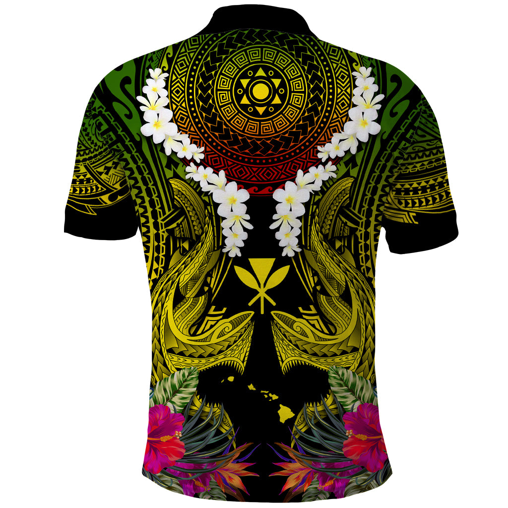 Hawaii Kanaka Maoli Polo Shirt Double Shark and Hibiscus Flowers