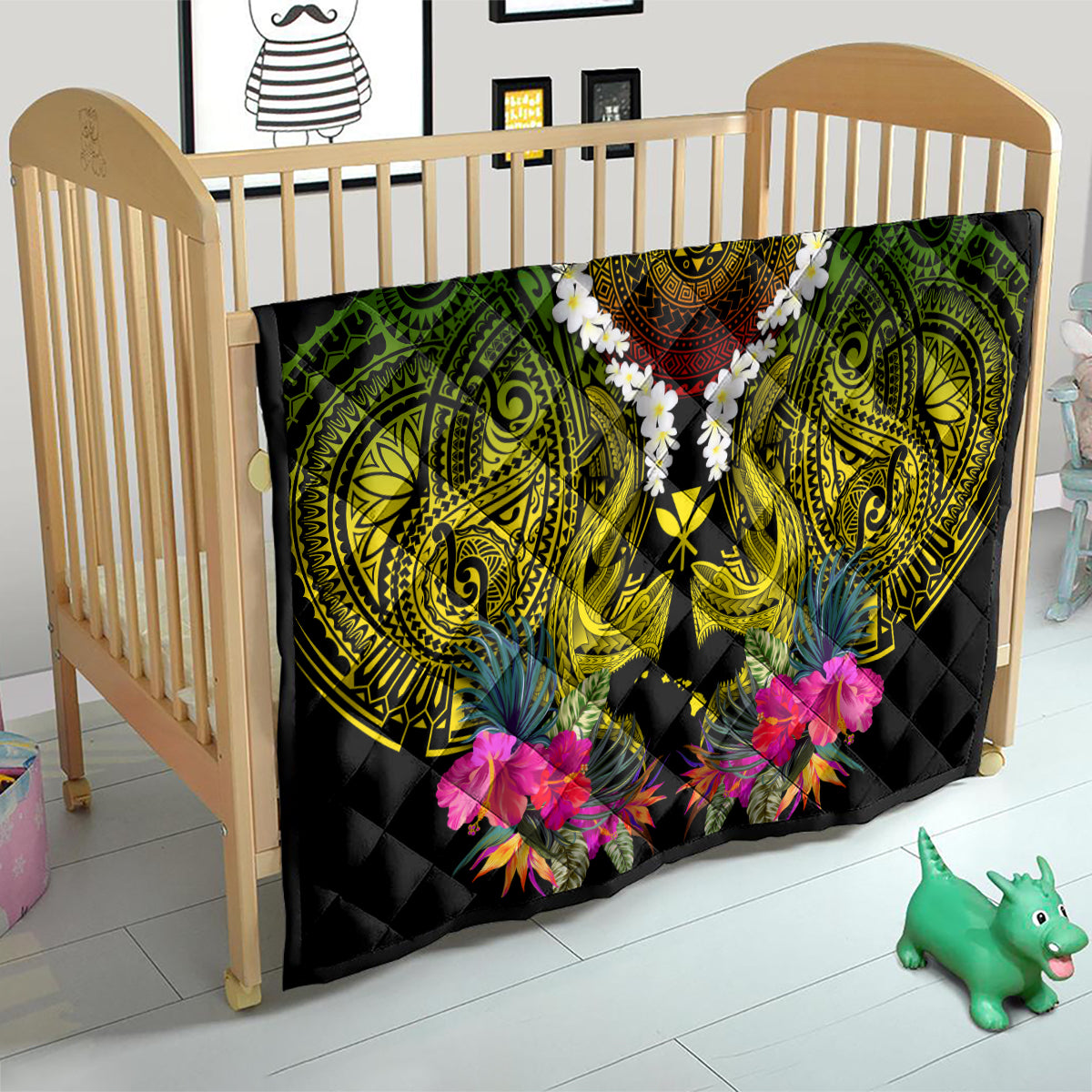 Hawaii Kanaka Maoli Quilt Double Shark and Hibiscus Flowers