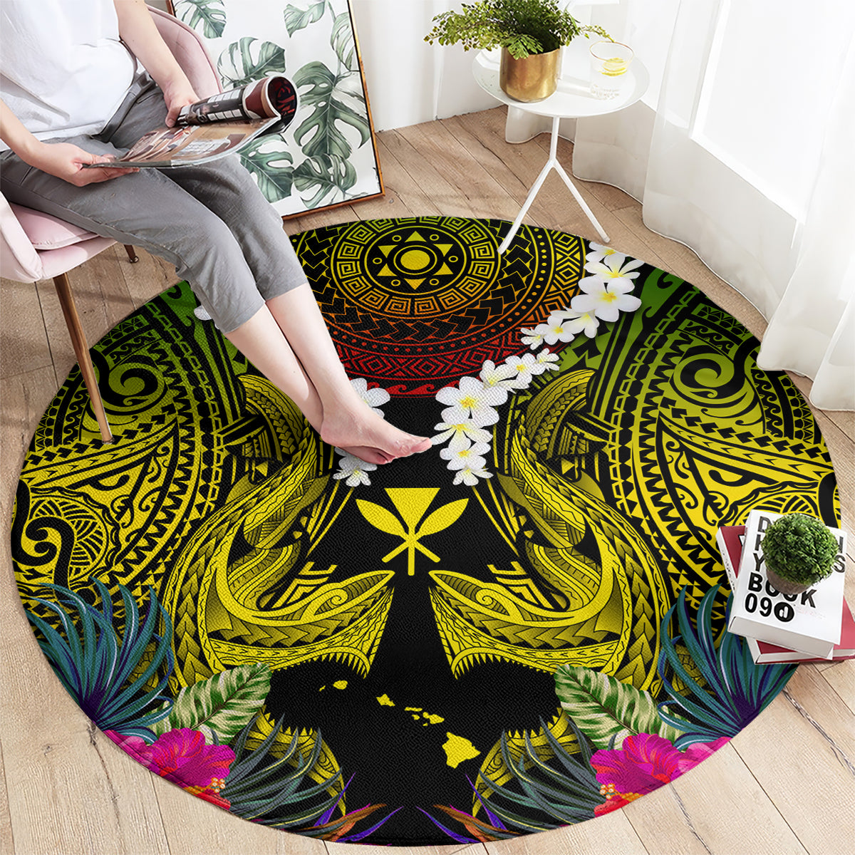 Hawaii Kanaka Maoli Round Carpet Double Shark and Hibiscus Flowers