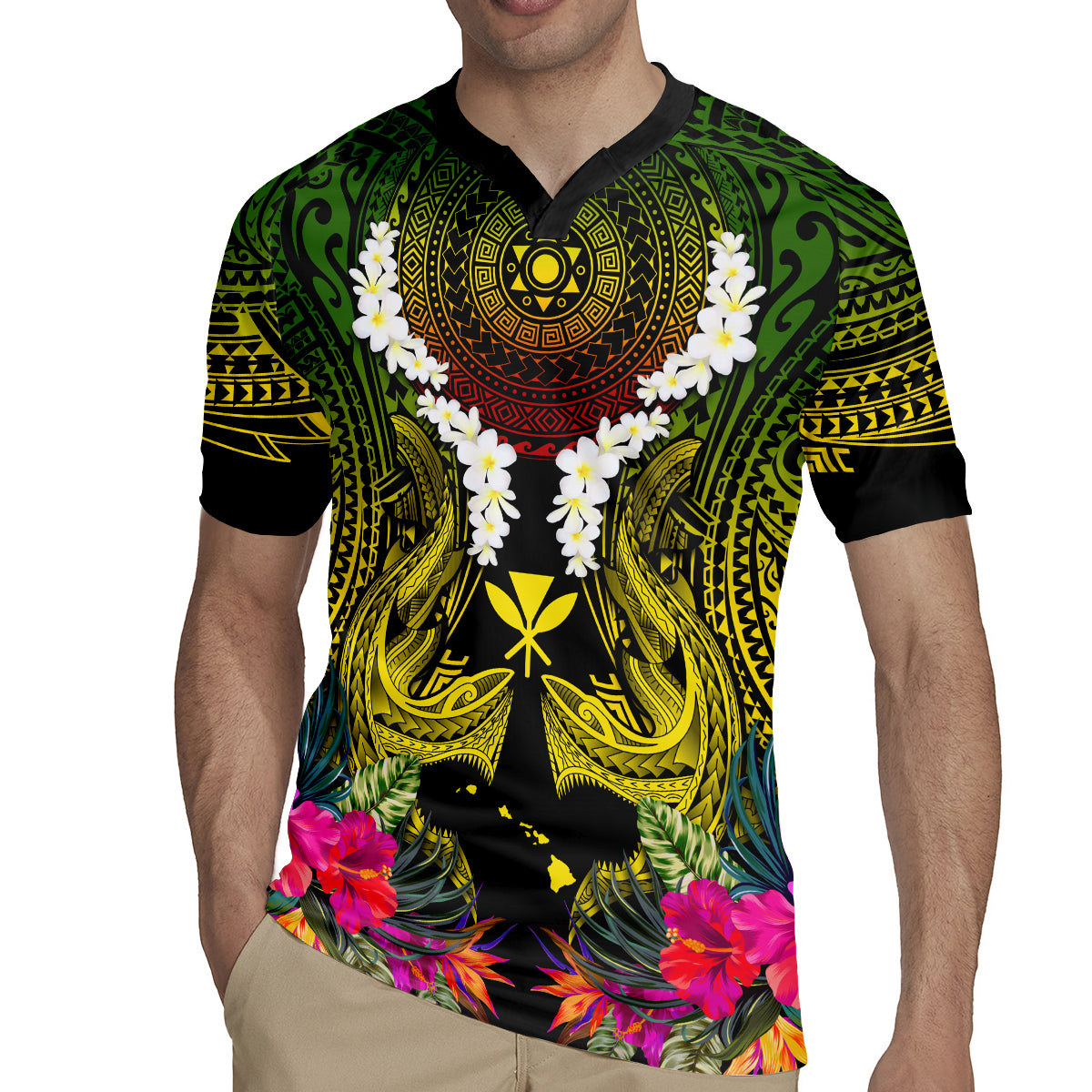Hawaii Kanaka Maoli Rugby Jersey Double Shark and Hibiscus Flowers