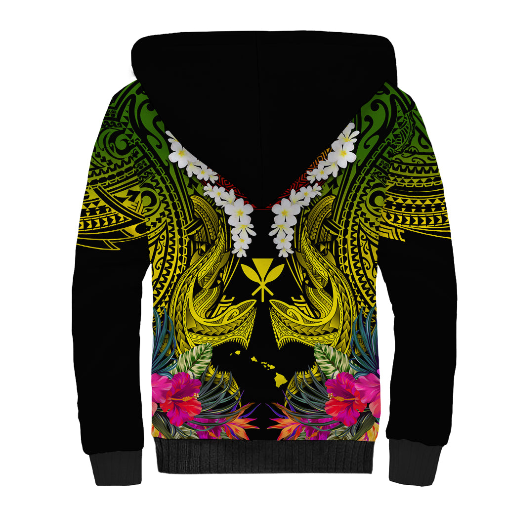 Hawaii Kanaka Maoli Sherpa Hoodie Double Shark and Hibiscus Flowers