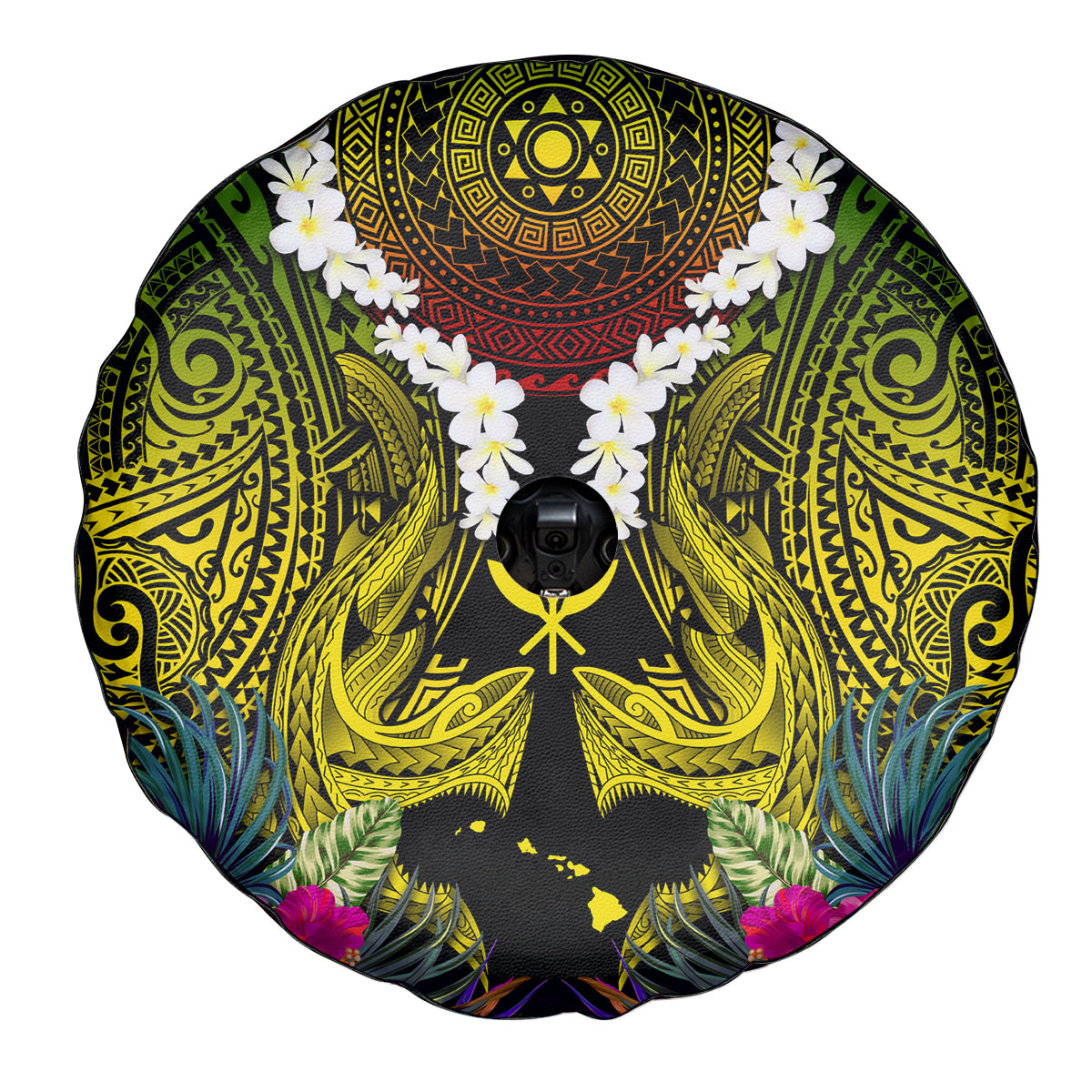 Hawaii Kanaka Maoli Spare Tire Cover Double Shark and Hibiscus Flowers
