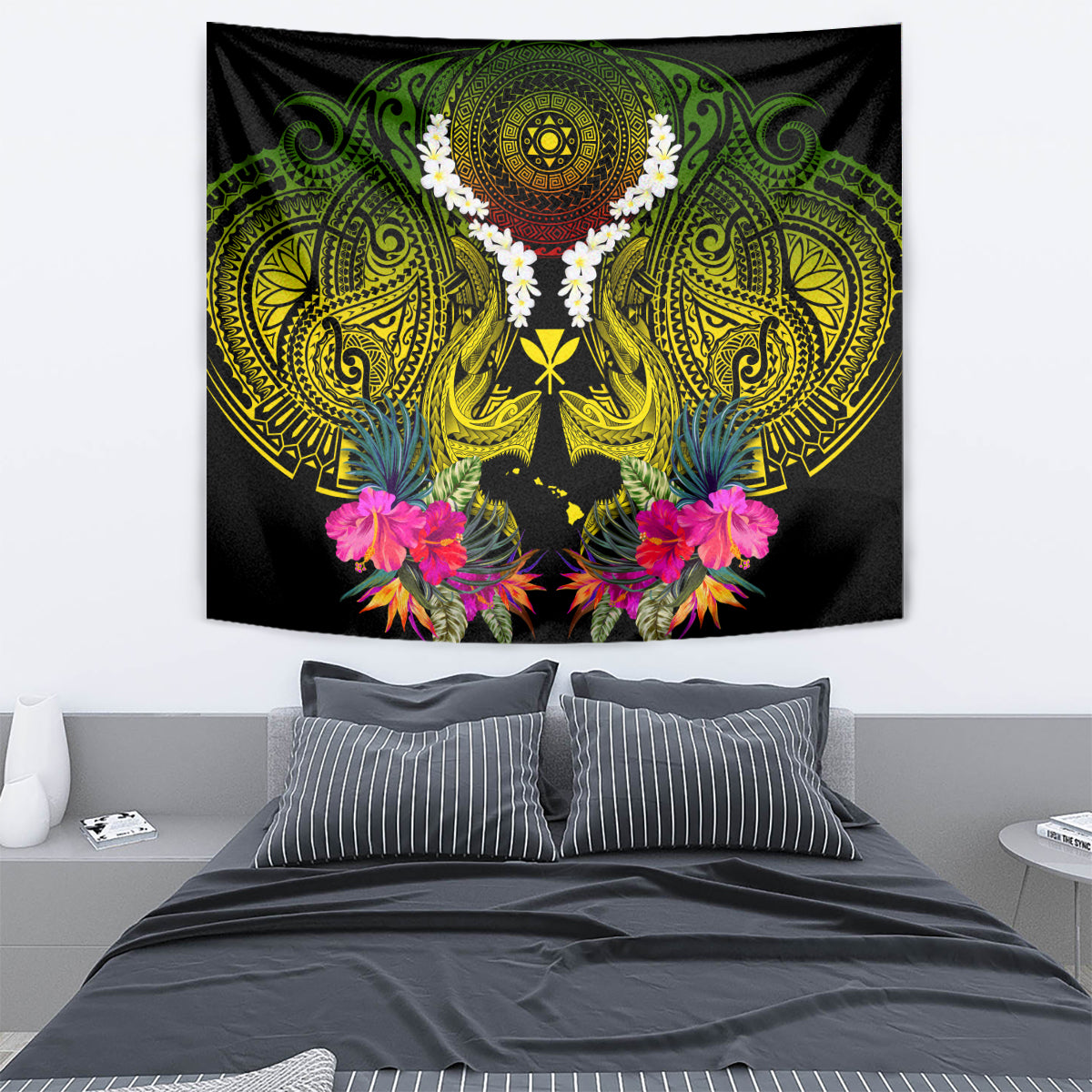 Hawaii Kanaka Maoli Tapestry Double Shark and Hibiscus Flowers