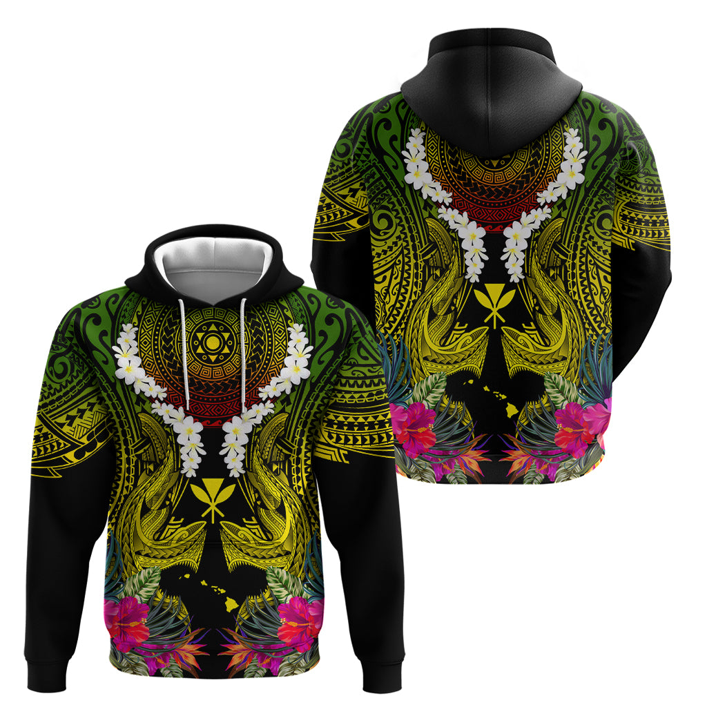 Hawaii Kanaka Maoli Zip Hoodie Double Shark and Hibiscus Flowers