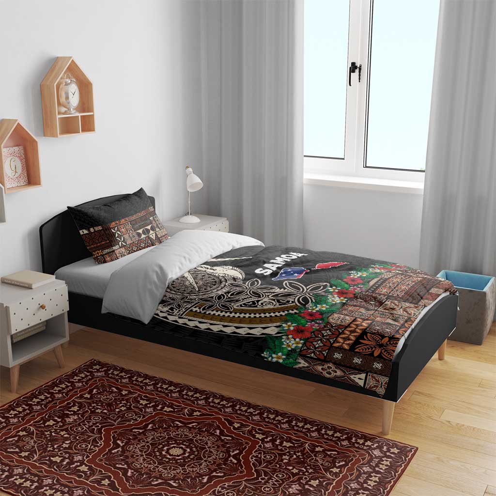 Samoa Siapo Polynesian Art Bedding Set Tropical Flowers and Tatau Pattern Brown