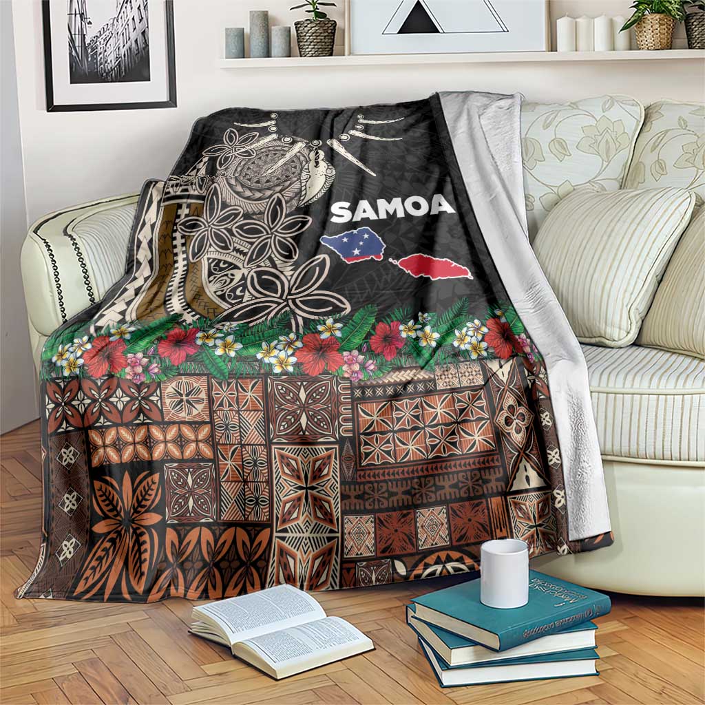 Samoa Siapo Polynesian Art Blanket Tropical Flowers and Tatau Pattern Brown