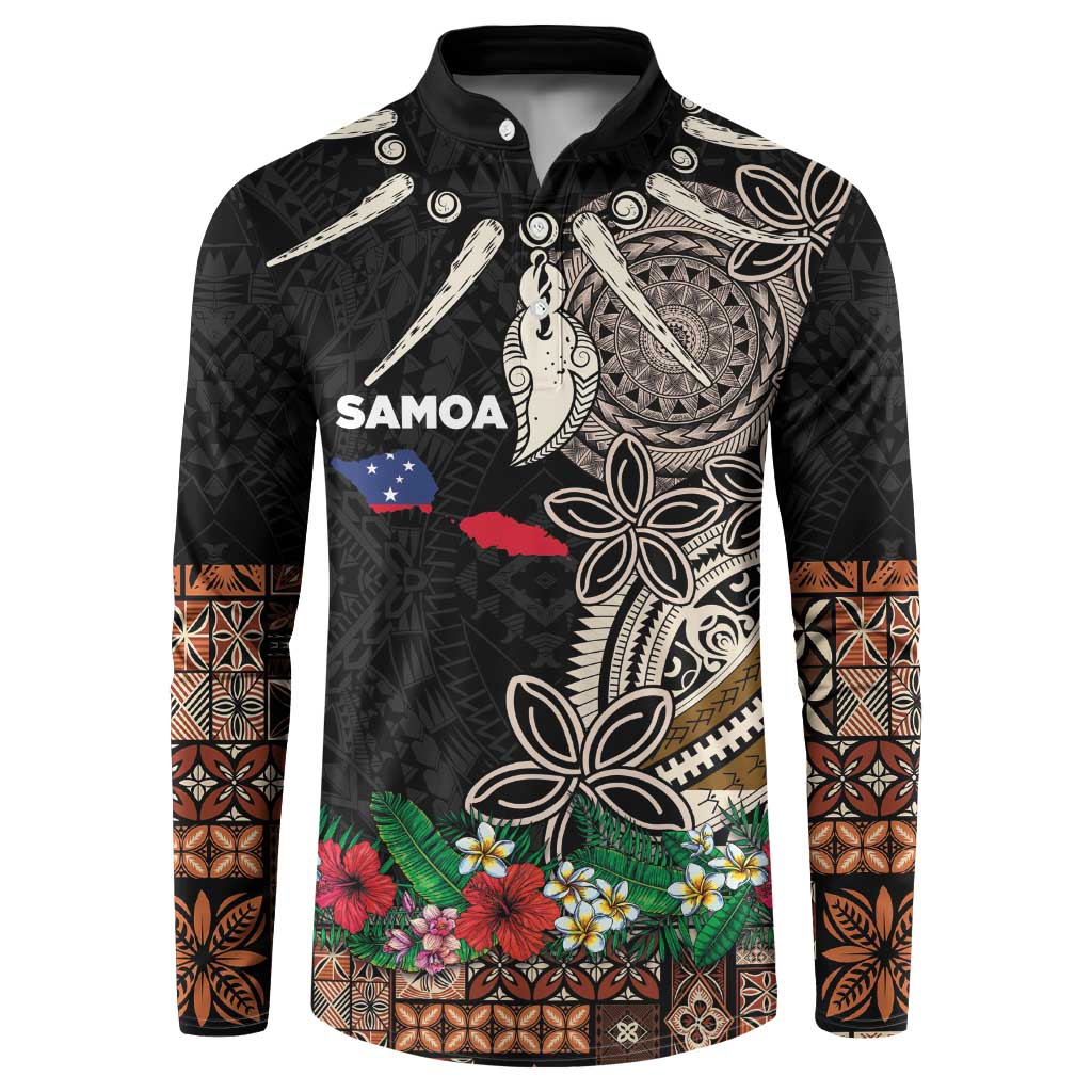 Samoa Siapo Polynesian Art Button Sweatshirt Tropical Flowers and Tatau Pattern Brown