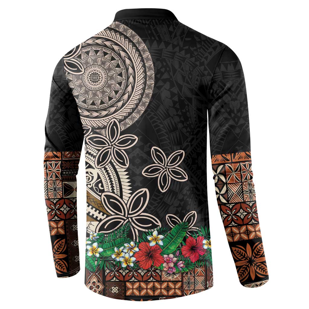 Samoa Siapo Polynesian Art Button Sweatshirt Tropical Flowers and Tatau Pattern Brown