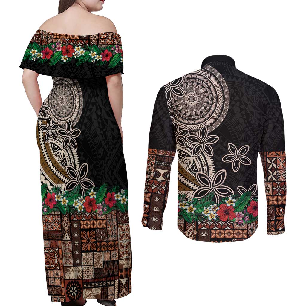 Samoa Siapo Polynesian Art Couples Matching Off Shoulder Maxi Dress and Long Sleeve Button Shirt Tropical Flowers and Tatau Pattern Brown