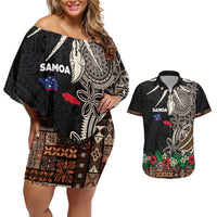 Samoa Siapo Polynesian Art Couples Matching Off Shoulder Short Dress and Hawaiian Shirt Tropical Flowers and Tatau Pattern Brown