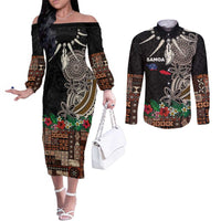 Samoa Siapo Polynesian Art Couples Matching Off The Shoulder Long Sleeve Dress and Long Sleeve Button Shirt Tropical Flowers and Tatau Pattern Brown