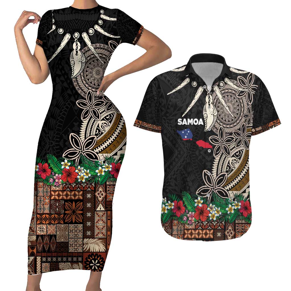 Samoa Siapo Polynesian Art Couples Matching Short Sleeve Bodycon Dress and Hawaiian Shirt Tropical Flowers and Tatau Pattern Brown
