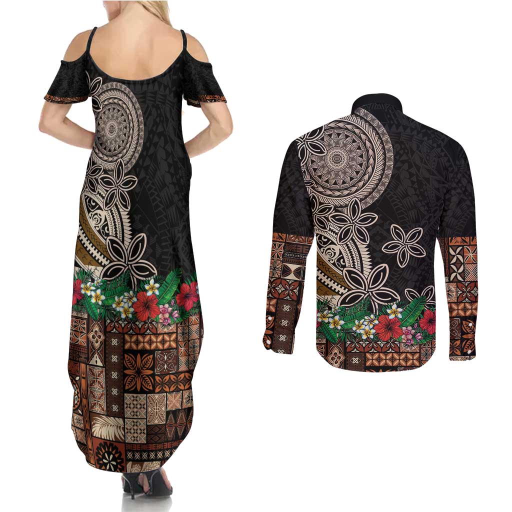 Samoa Siapo Polynesian Art Couples Matching Summer Maxi Dress and Long Sleeve Button Shirt Tropical Flowers and Tatau Pattern Brown
