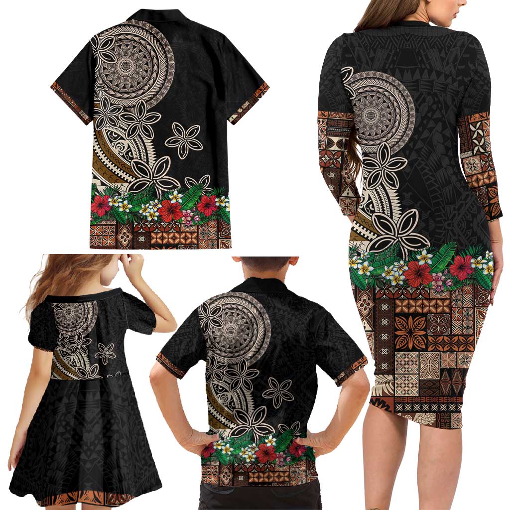 Samoa Siapo Polynesian Art Family Matching Long Sleeve Bodycon Dress and Hawaiian Shirt Tropical Flowers and Tatau Pattern Brown