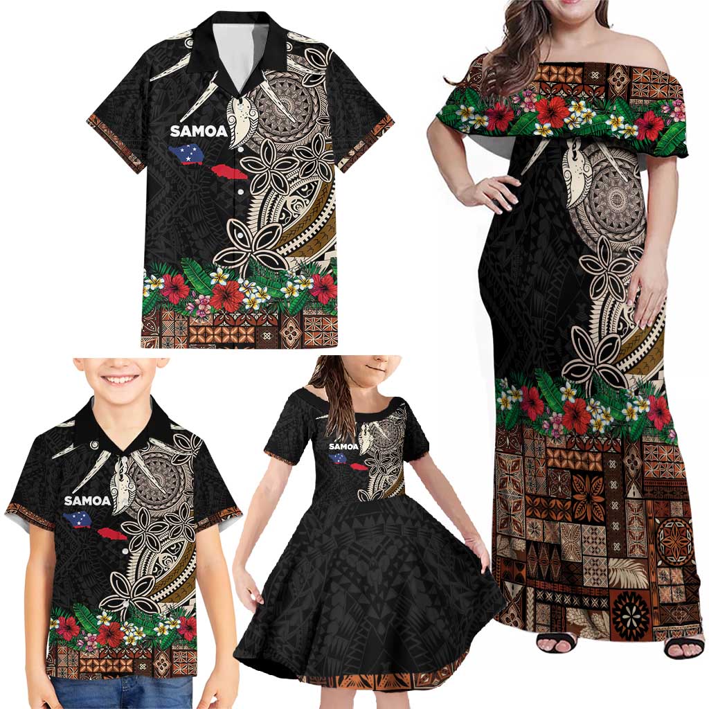 Samoa Siapo Polynesian Art Family Matching Off Shoulder Maxi Dress and Hawaiian Shirt Tropical Flowers and Tatau Pattern Brown