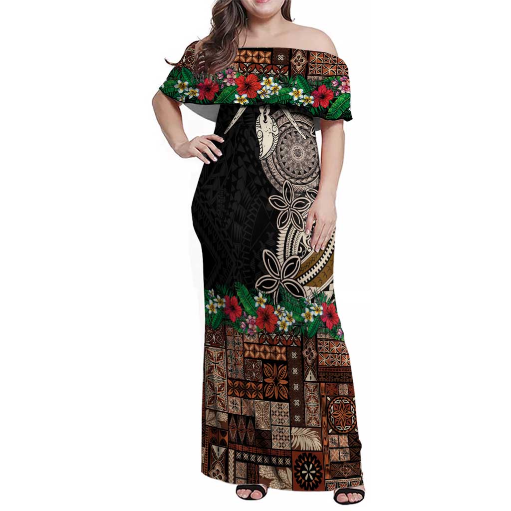 Samoa Siapo Polynesian Art Family Matching Off Shoulder Maxi Dress and Hawaiian Shirt Tropical Flowers and Tatau Pattern Brown