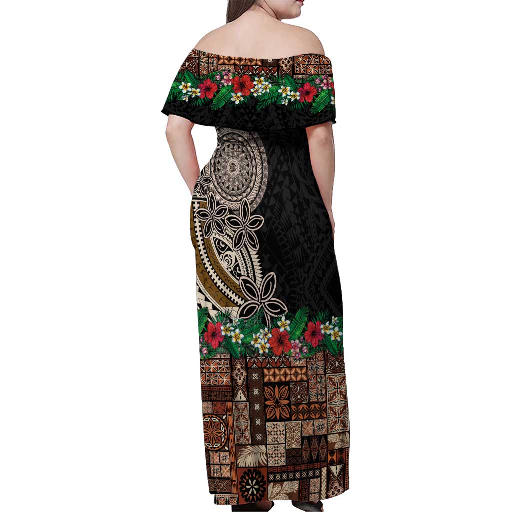Samoa Siapo Polynesian Art Family Matching Off Shoulder Maxi Dress and Hawaiian Shirt Tropical Flowers and Tatau Pattern Brown