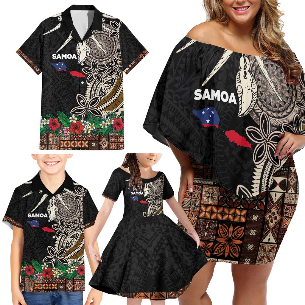 Samoa Siapo Polynesian Art Family Matching Off Shoulder Short Dress and Hawaiian Shirt Tropical Flowers and Tatau Pattern Brown