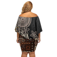 Samoa Siapo Polynesian Art Family Matching Off Shoulder Short Dress and Hawaiian Shirt Tropical Flowers and Tatau Pattern Brown