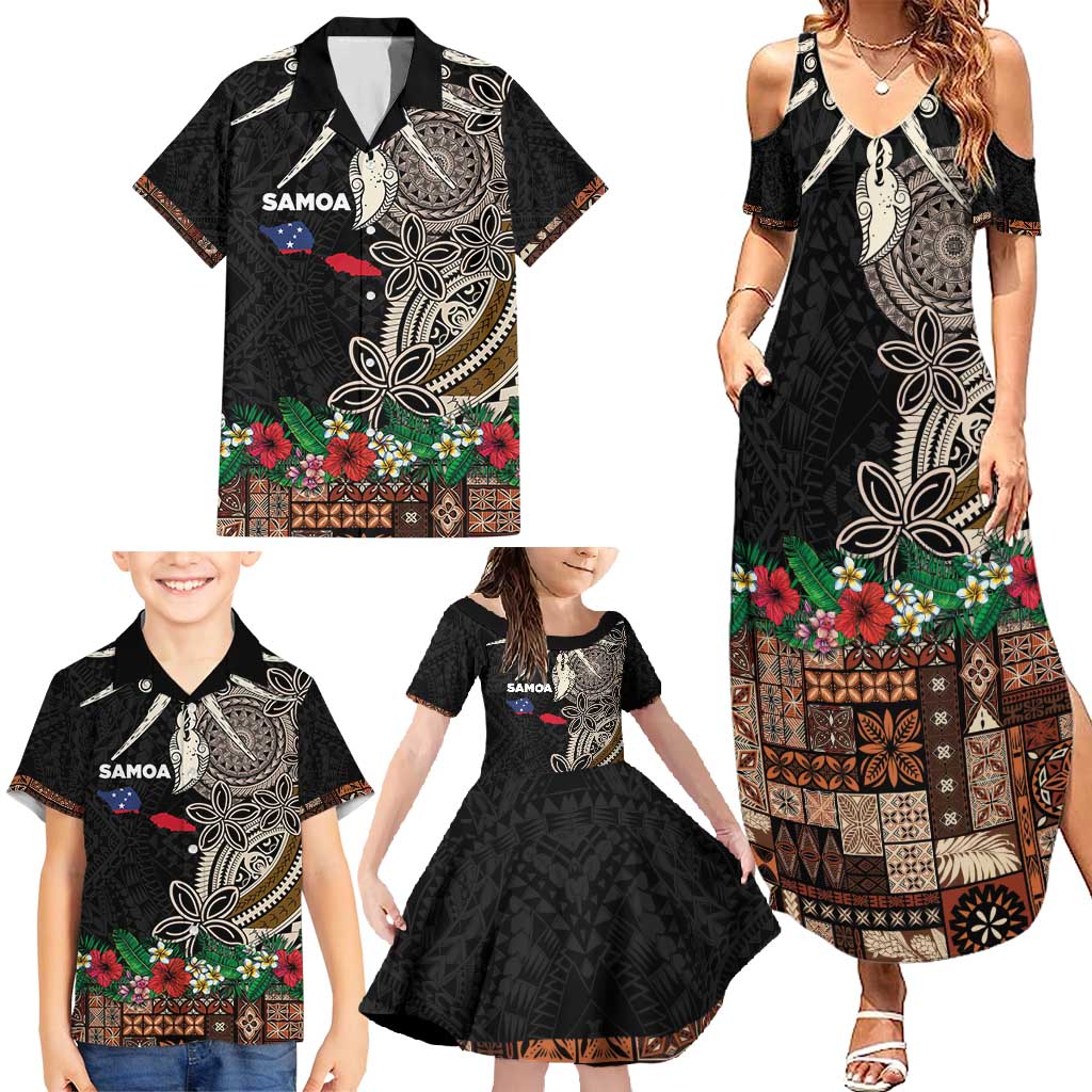 Samoa Siapo Polynesian Art Family Matching Summer Maxi Dress and Hawaiian Shirt Tropical Flowers and Tatau Pattern Brown