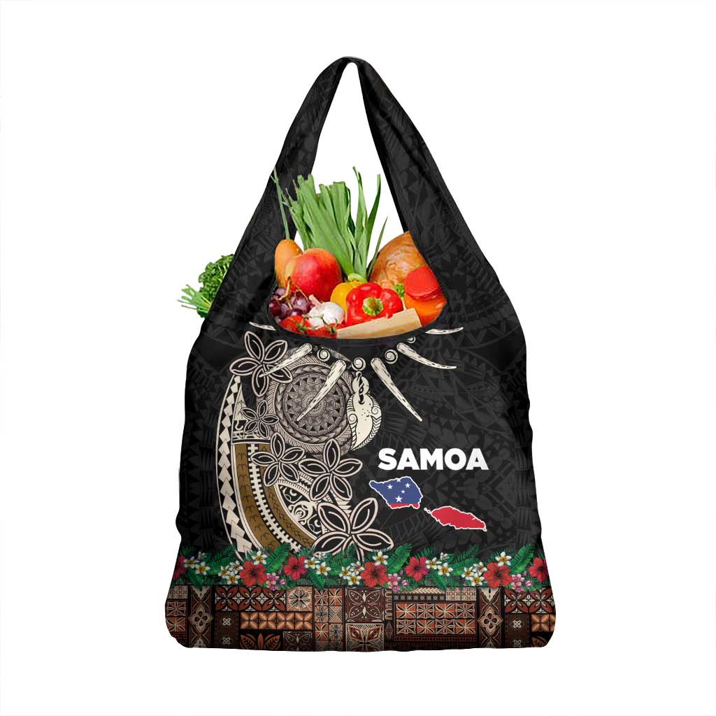 Samoa Siapo Polynesian Art Grocery Bag Tropical Flowers and Tatau Pattern Brown